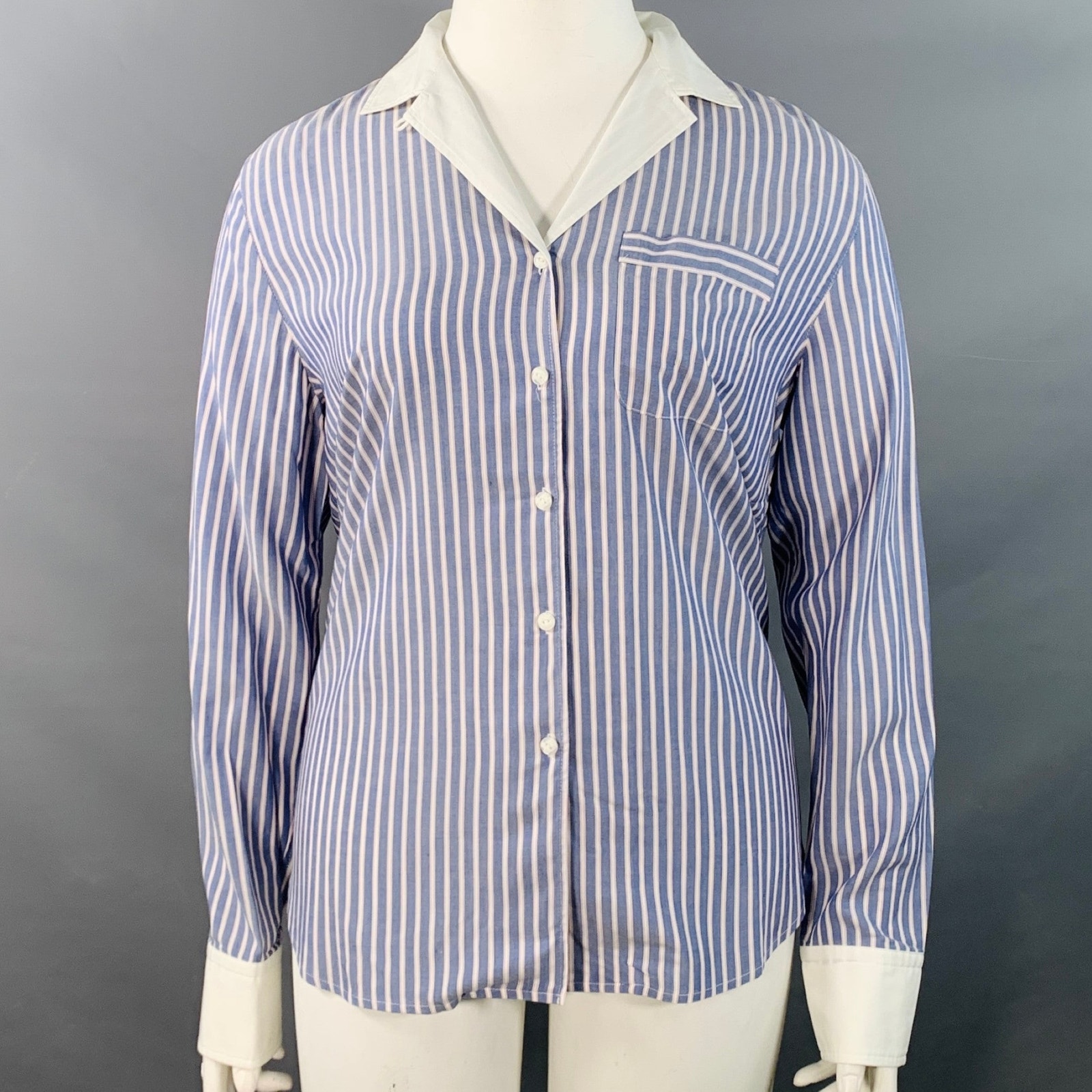 Rag & Bone Size L Blue White Rayon Cotton Stripe One Pocket Shirt